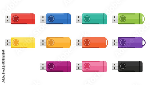Collection of colorful USB flash drives on white background, technology concept