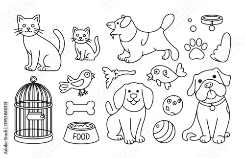 Collection of pet shop line art illustrations with cute dogs cats bird fish and essential animal care supplies