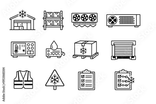 Refrigerated Storage Icons. Refrigerated Warehousing. Line outline icon set of Refrigerated Warehousing: