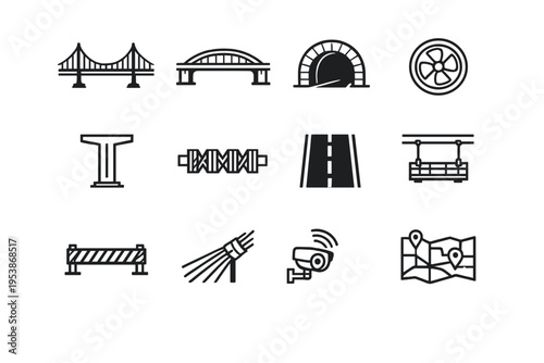   Bridges and Tunnels. Line outline icon set of Bridges and Tunnels: suspension bridge, arch