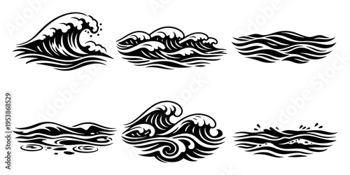 Ocean waves collection showing different types of water movement, including surf, swells, and ripples, in a graphic black and white style