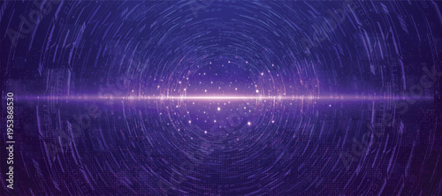 Futuristic Purple Cyber Tunnel Technology Background with Glowing Circular Interface and Digital Light Effect
