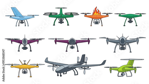 Collection of Diverse Drones: Quadcopters, VTOL, and Futuristic Designs