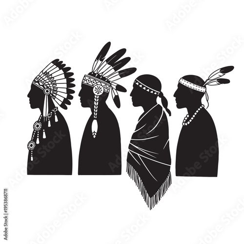 Black and white silhouette illustration of four native american men in traditional ceremonial attire Vector