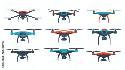 Collection of Modern Drones, Quadcopters, and UAVs in Flat Design