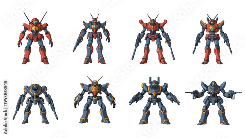 Collection of Futuristic Mecha Robots in Red and Blue