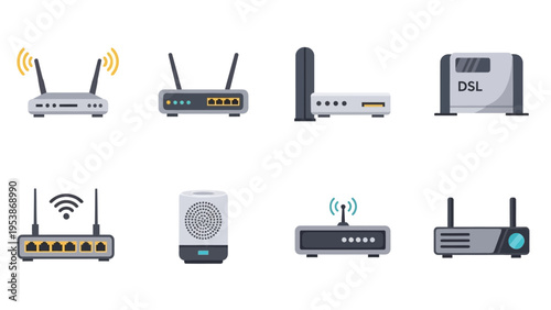 Collection of modern internet routers and modems, wireless and DSL devices
