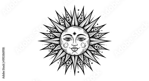 Personified Sun Face with Open Eyes, Stars and Crescent Moons in Black and White on Isolated White Background