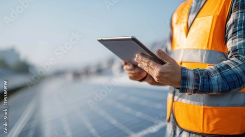 Solar panel technician inspecting tablet