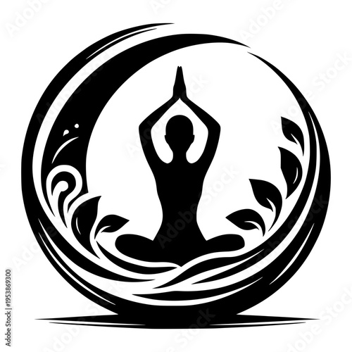 Zen in Silhouette: A serene silhouette embodies the essence of tranquility and balance as it meditates in a peaceful yoga pose, encircled by elements of nature, a symbol of harmony and inner peace.