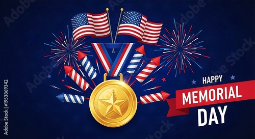 Happy Memorial Day celebration with fireworks and American flags design