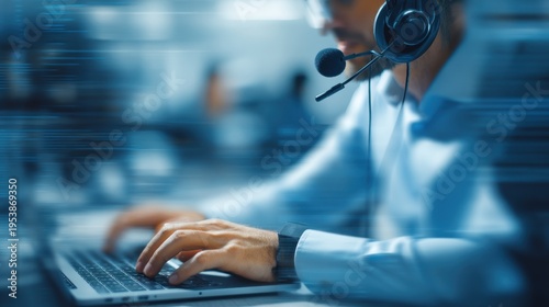 Man working on laptop with headset