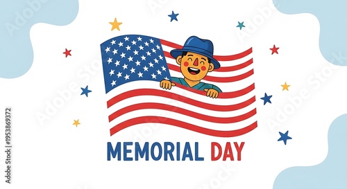 Happy cartoon character holding American flag for Memorial Day celebration design