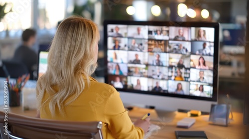 Woman attending video conference meeting