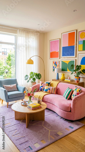 Living room with colorful decor and plants in a bright setting during daylight hours. Dopamine interior home decor.