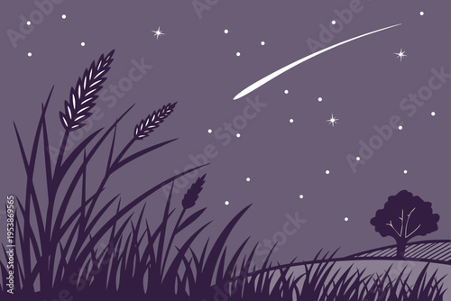 Night scene with wheat shooting star and silhouetted tree