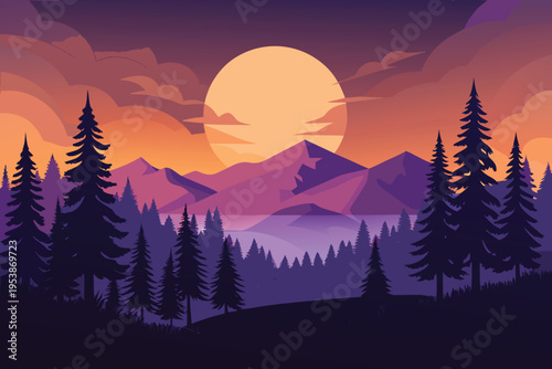 Majestic mountains and pine trees silhouetted against a vibrant sunset