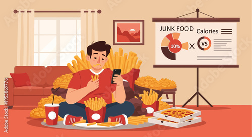 Man surrounded by junk food engrossed in his phone.