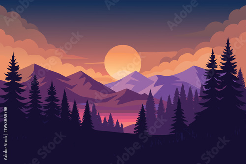 Serene mountain landscape with glowing sunset and silhouetted trees