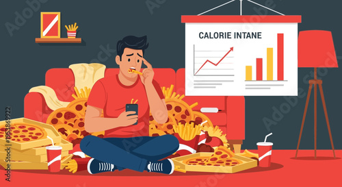 Man surrounded by junk food looking stressed.