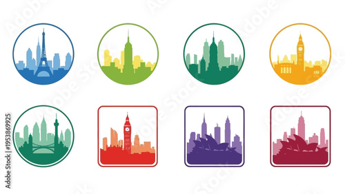 Colorful City Skylines Icons: Paris, New York, London, Sydney Landmarks