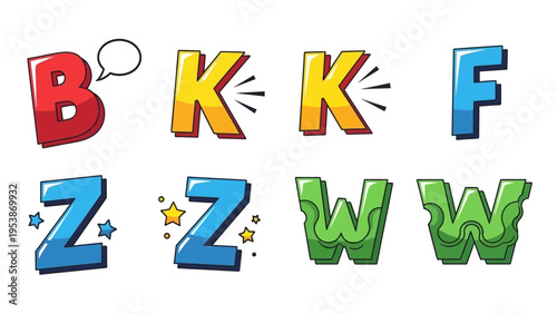 Colorful Comic Letters B, K, F, Z, W with Effects