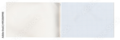 Wide open notebook with blank page and graph page on white background