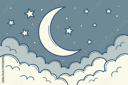 Εκτύπωση καμβά A crescent moon and sparkling stars shine above fluffy clouds