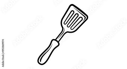 Illustration of a slotted spatula with a black outline on a white background design element