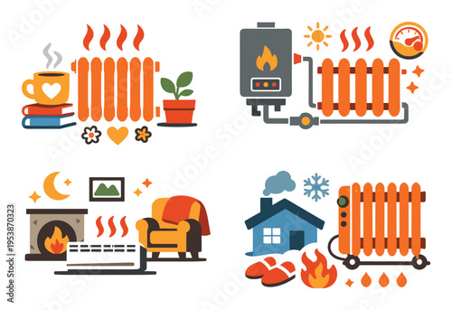 Various icons representing heating types like radiators, boilers, and fireplaces, along with elements of winter comfort and warmth