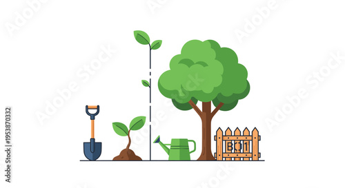 A sequence illustrates plant growth from a small sprout to a mature tree, accompanied by a shovel, watering can, and fence.