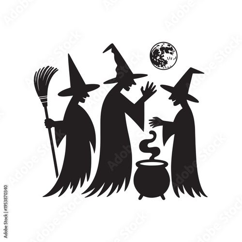 A black silhouette illustration of three witches gathering around a bubbling cauldron at night Vector