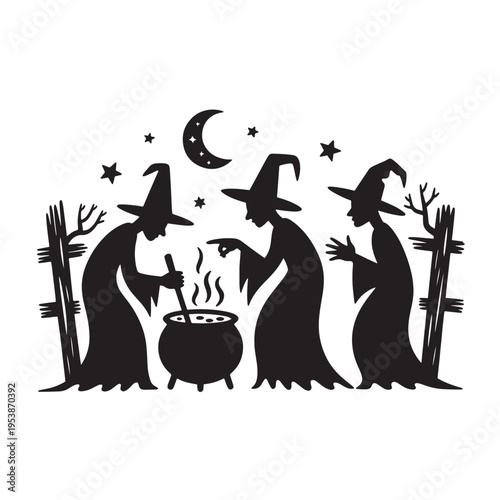 Three witches gathered around a bubbling cauldron under a crescent moon in a spooky night setting Vector