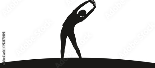 Silhouette illustration of person performing side stretch exercise, symbolizing fitness, yoga, flexibility, health, lifestyle, warm‑up, physical activity, wellness, and exercise concept artwork