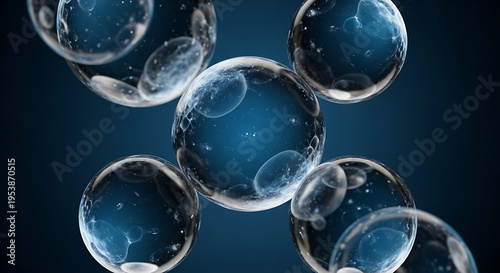 A collection of translucent spheres floating on a dark blue gradient background with internal structures