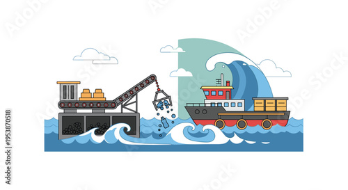 A cargo ship is loaded with coal from a conveyor belt on a dock in a turbulent blue sea with large waves.