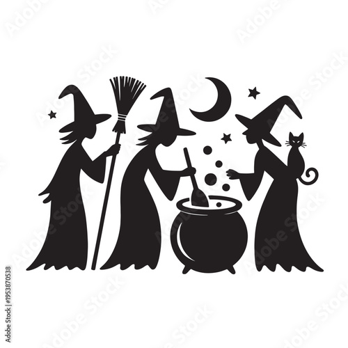 A black silhouette illustration of three witches brewing a magic potion under the night crescent moon Vector