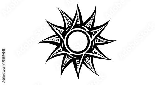 Bold Tribal Sun Symbol with Sharp Geometric Rays, Isolated White Background