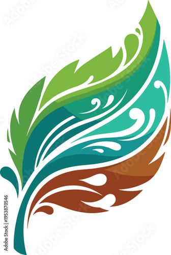 Colorful decorative feather illustration with swirling patterns, symbolizing elegance, creativity, nature, art, design, beauty, 
