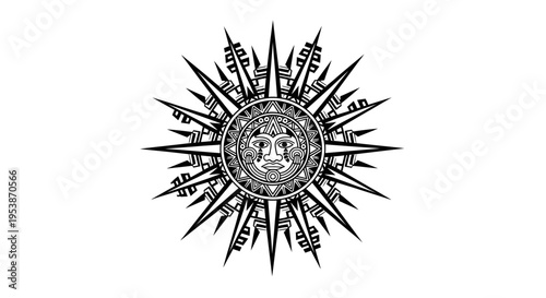 Detailed Tribal Sun God Icon with Pointed Rays, Isolated White Background
