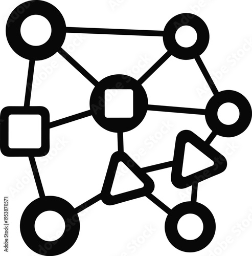 Abstract network diagram illustration with geometric shapes and connecting lines, symbolizing data structure, neural networks, social connections, system complexity, 