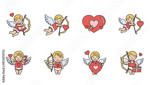 Cute Cupid Icons Set: Valentine's Day, Love, Arrows, Hearts, Gifts
