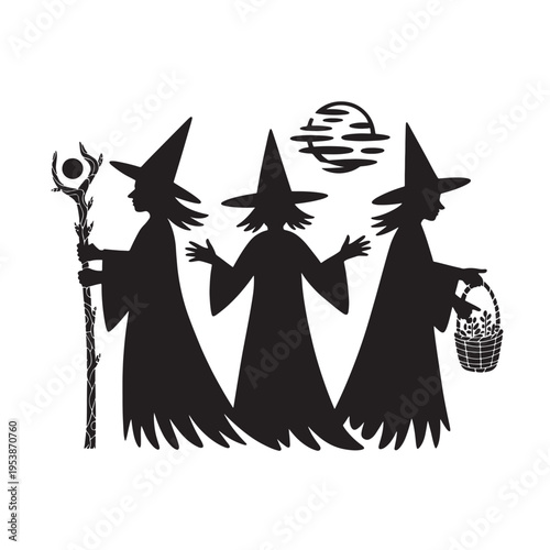 A black silhouette illustration of three spooky witches standing together under a crescent moon Vector