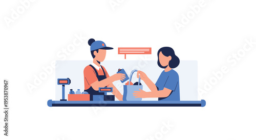 A cashier wearing a blue cap and orange apron bags groceries for a customer at a checkout counter with a cash register.
