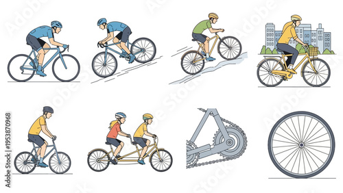 Diverse Cycling Activities: Road Race, Mountain Climb, City Commute, Tandem, and Bike Parts
