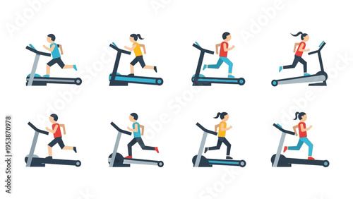 Diverse people running on treadmills, fitness icons, healthy lifestyle concept