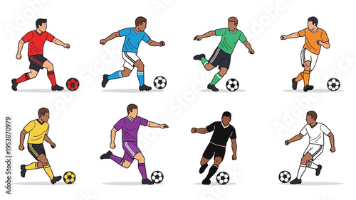 Diverse soccer players in action, dribbling and kicking, isolated on white background