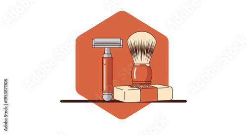 A vintage-style shaving kit with a safety razor, shaving brush, and soap bar is arranged on a brown surface against an orange hexagonal background.