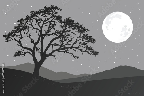 Silhouetted tree stands against a bright full moonlit night sky