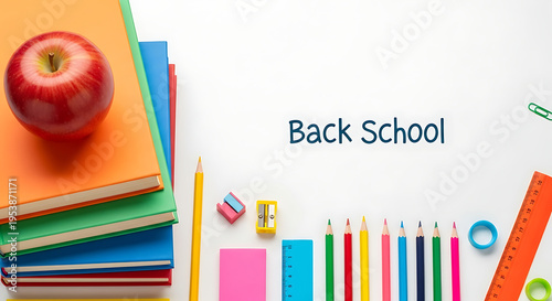 Back to school arrangement with books, apple, pencils, ruler, and stationery on a white background